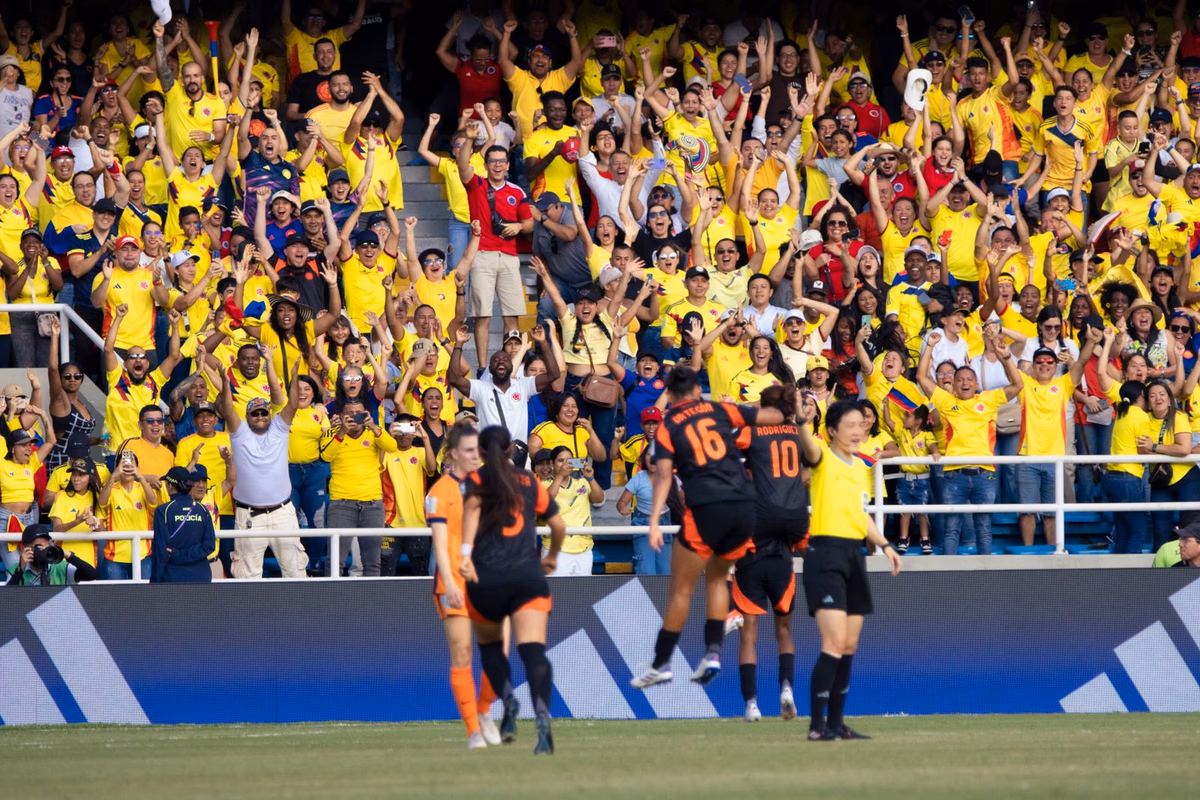 A large crowd of football fans waving flags and cheering in the stands under bright daylight