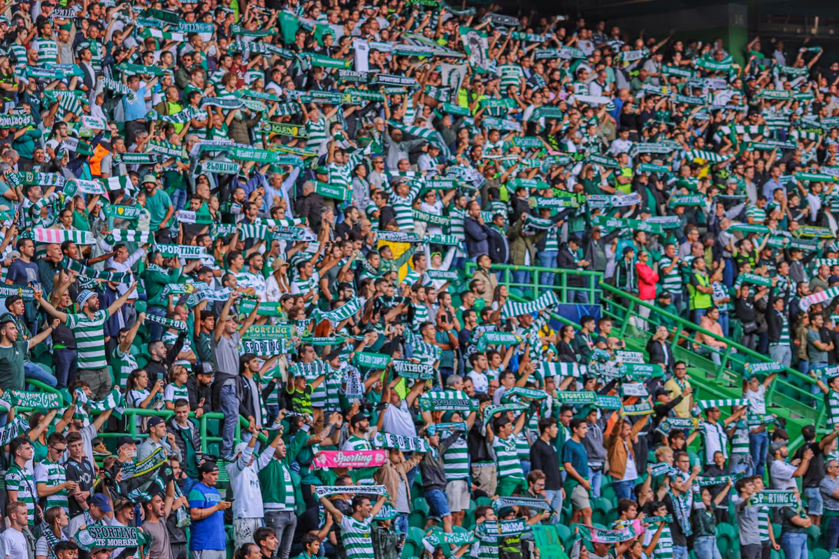 Football fans in the stands waving scarves and cheering passionately